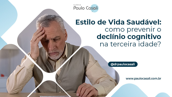 Homem idoso aparentando preocupação enquanto olha para papéis, simbolizando declínio cognitivo ou dificuldades na terceira idade.