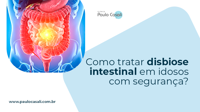 Ilustração do sistema digestivo com intestinos destacados e área iluminada no centro, indicando possível inflamação ou desconforto intestinal.